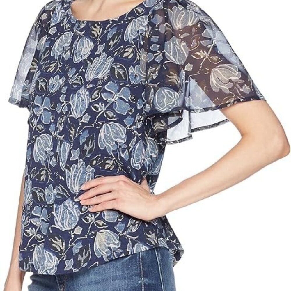 Lucky Brand Floral Blouse Flutter Sleeve Feminine Girly Cottage Boho Easter M